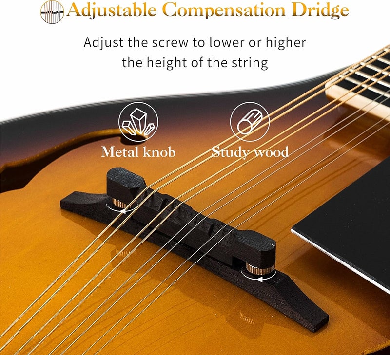 Mulucky A Style Mandolins Instrument, 8 String Acoustic Mandolin with Beginner Kit, Case, Tuner, String, Picks - Sunburst - Image 5